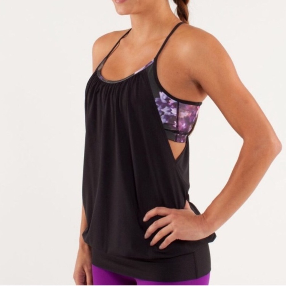 LULULEMON Black Floral NO LIMITS Spring Has Sprung Built In Bra TANK Sz 6
